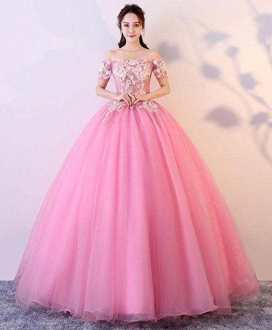 Pink tulle lace long prom dress, pink lace sweet 16 dress CD6285