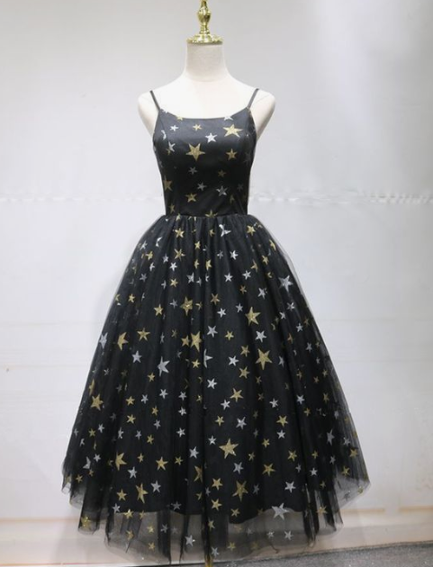 Cute Prom Dress, Unique Black Star Printed Tulle Long Open Back Short Prom Dress CD6362