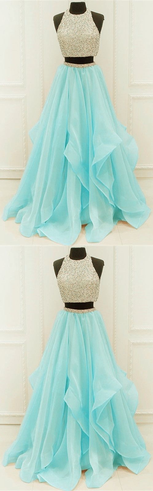 Chic Organza Ruffles Two Piece Prom Dresses With Sequins And Beads CD6374
