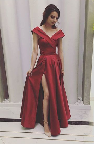 Stylish A Line V Neck Red Prom Dresses Long with Split Front Evening Dresses CD6398