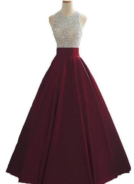 Wine Red Sequins And Beaded Backless Satin Formal Gown, Handmade Party prom Dress CD6403