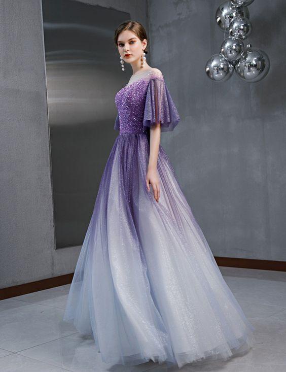 Gradient Purple Sequins Tulle Short Sleeve Long A Line Prom Dress, Evening Dress CD6423