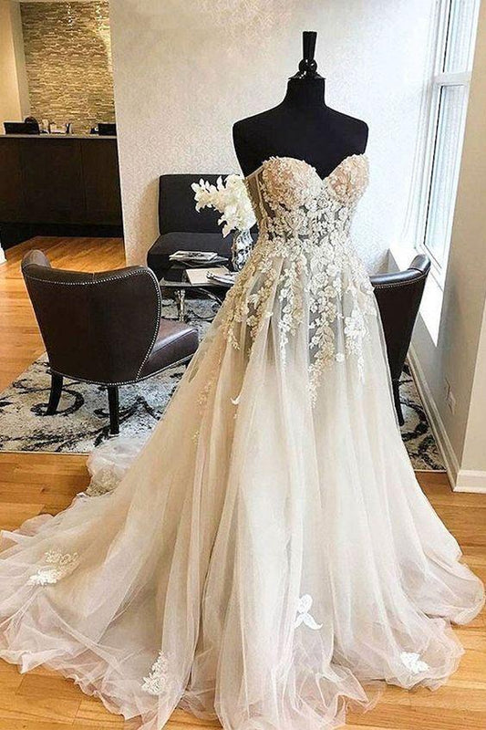 White sweetheart lace applique tulle wedding dress, lace wedding gown, lace bridal prom dress CD6489