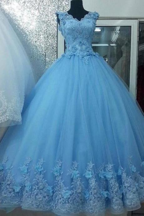 Sky Blue Prom Dresses V Neck Lace Appliques CD6496