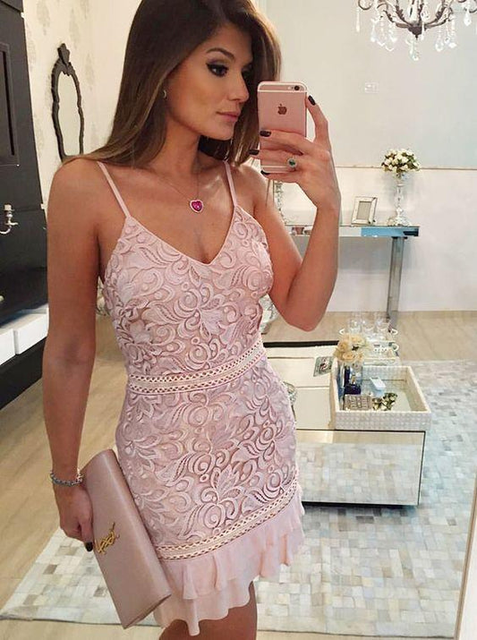 Sheath Spaghetti Straps Short Pink Lace Homecoming Cocktail Dress CD649