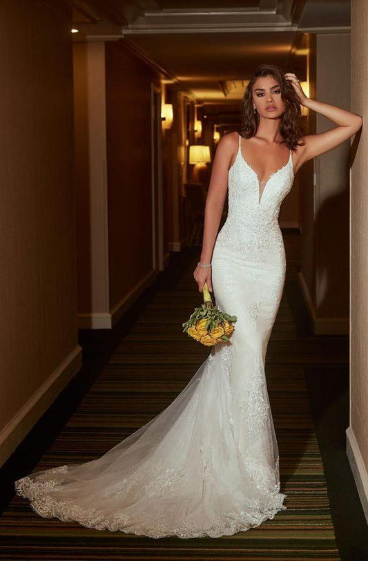 white v neck Spaghetti Straps sleeveless applique tulle prom wedding dress CD6511