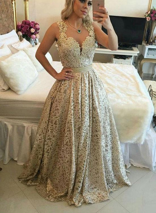 Stylish Gold Lace Long Prom Dresses Beaded Evening Dresses A-Line Formal Dresses CD6570
