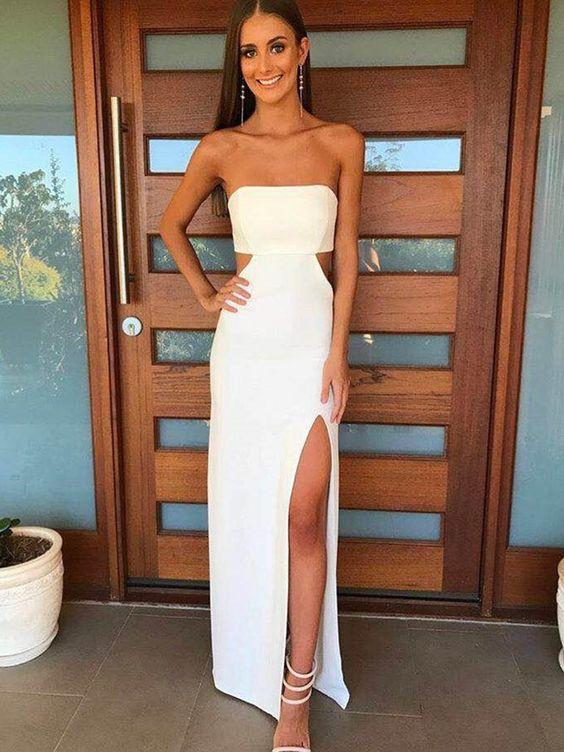A Line Strapless White Prom Dress with Waist Cutout CD6633