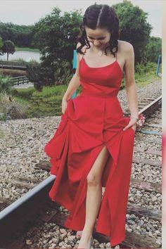 Gorgeous Straps Red Long Prom Dress with Slit CD6698