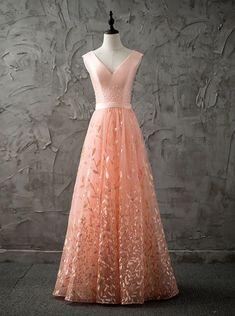 Elegant Peach Wedding Party Dresses. Special V-neck Bridesmaid Gowns With Beading, Elegant Formal Gowns CD6714