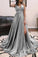 simple grey long prom dresses, fashion prom dresses with high leg split, cheap a line graduation party dresses CD6817