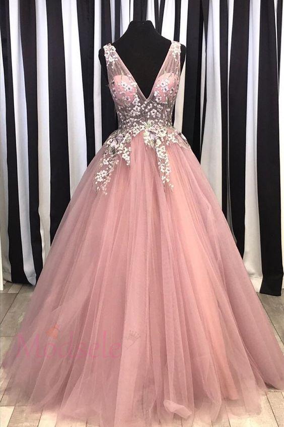 Pink Ball Gown prom dress with Floral Embroidery CD6825