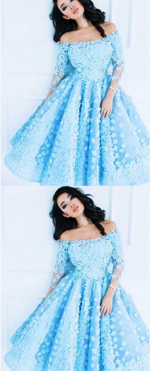 Off Shoulder A-Line 3/4 Sleeves Blue Short Prom Dress with Flowers CD6887