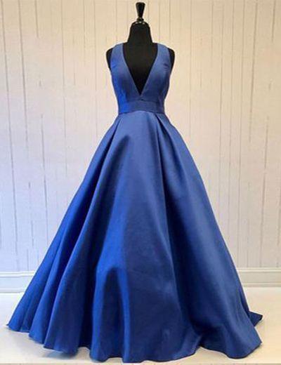 Royal blue deep V neck long open back sweet 16 prom dress CD6894