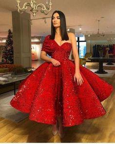 Sparkling Red Sequin Ball Gown Prom Dresses with One Shoulder Tea Length Puffy CD6916