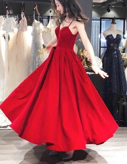 Beautiful Red Velvet Straps Long Evening Formal Dress, Red Party prom Dress CD6938