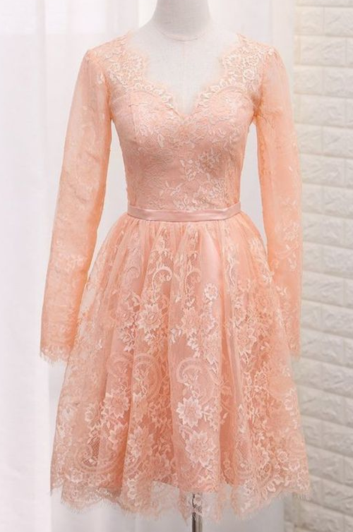 A Line V Neck Long Sleeves Lace Homecoming Dresses With Sash CD6952