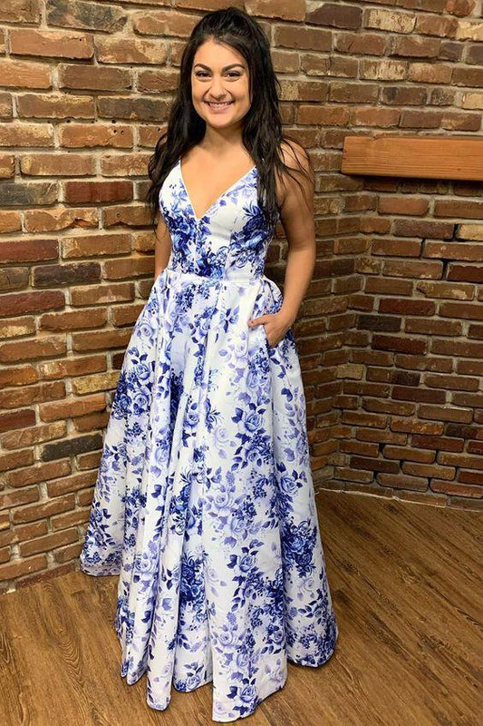 Gorgeous A-Line White and Blue Floral Long Prom Dress CD7006