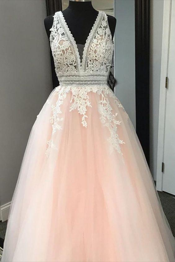 A-line Pink and White Lace Long Prom Gown CD7015