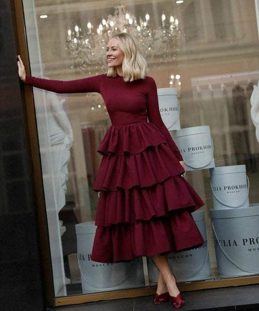 Burgundy Long Sleeves Prom Dress with Layered Skirt CD7058