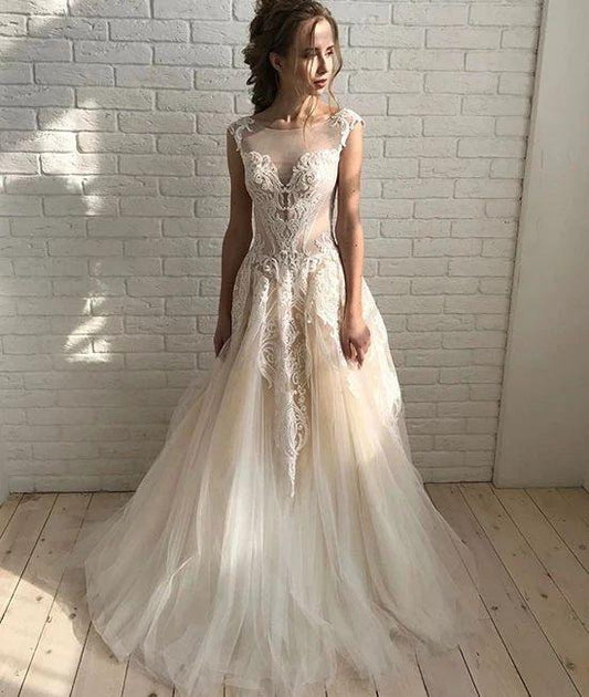 Champagne round neck tulle lace long prom dress, champagne evening dress CD7093