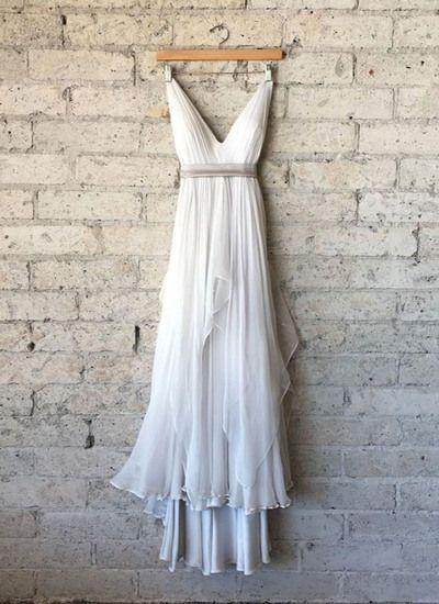 Simple white chiffon deep V neck long prom dress, white party dress CD7101
