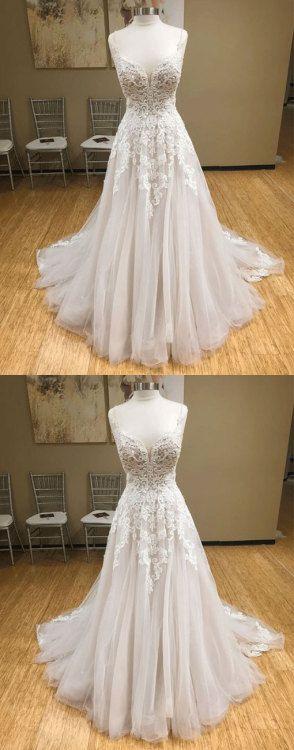 Wh v neck tulle long prom dress, lace evening dress, white lace wedding dress CD7109