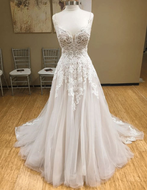 Wh v neck tulle long prom dress, lace evening dress, white lace wedding dress CD7109