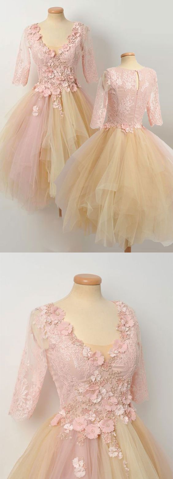 champagne lace tulle prom dress, cute dress CD7113