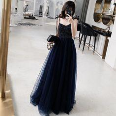 Stylish A Line Spaghetti Straps Navy Blue Prom Dress with Beading, Long Evening Dress CD7125