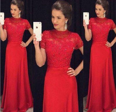 A Line Long Red Prom Dresses with Short Sleeves CD7149