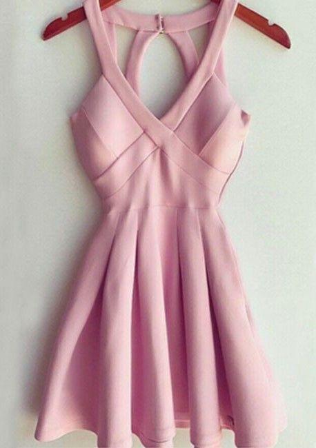 Stylish A-Line Deep V Neck Short Mini Pink Satin Homecoming Dress With Keyhole Back CD7157