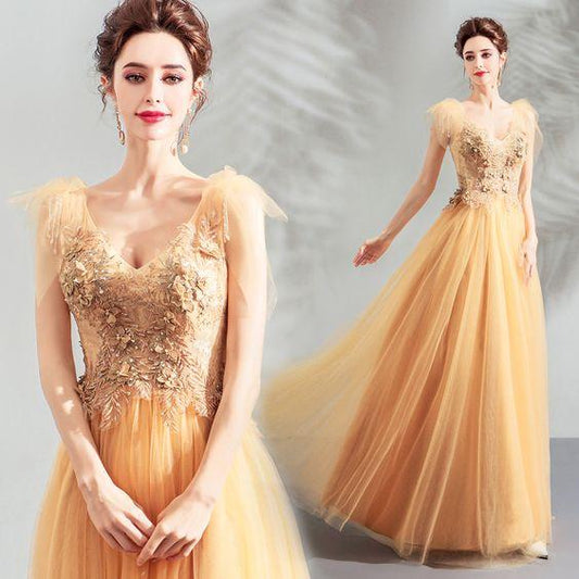 Stylish v neck tulle lace long prom dress, evening dress CD7202