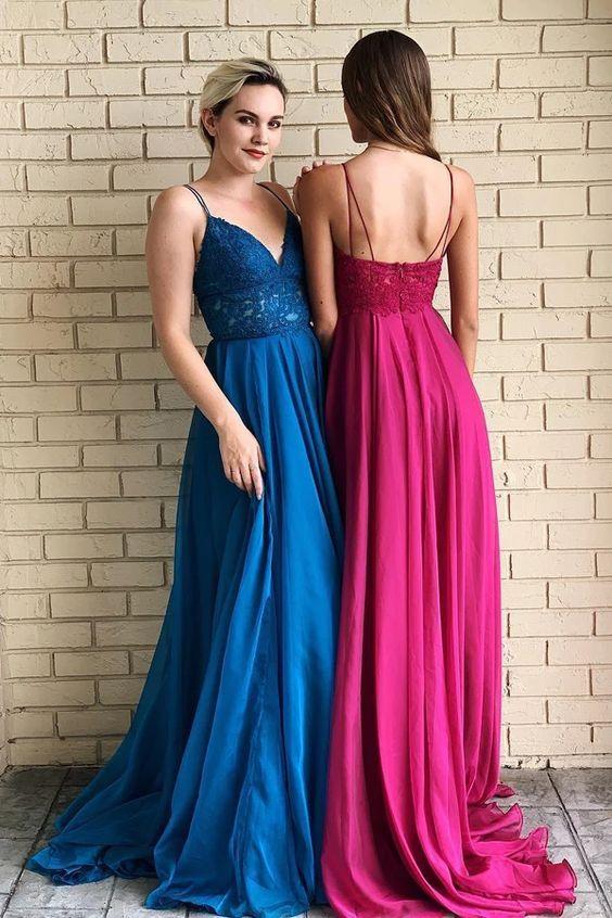 Fairy V Neck Spaghetti Straps Open Back Blue Long Prom Dresses with Lace CD7213