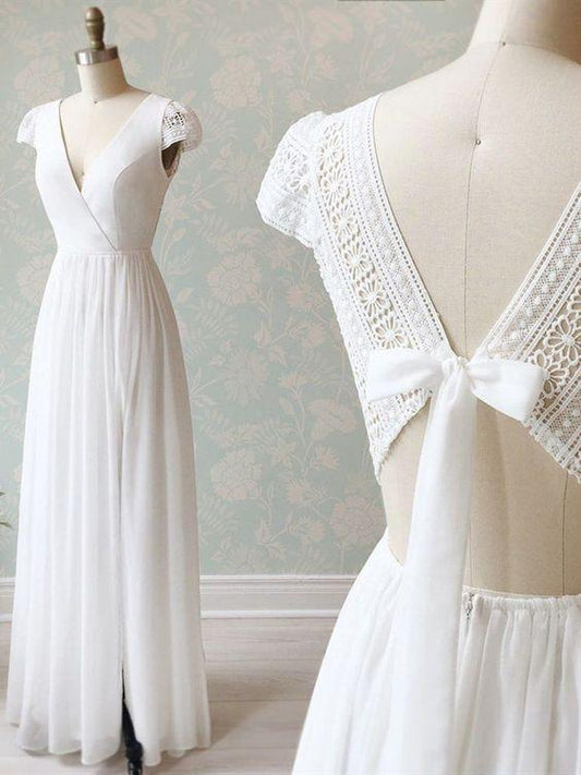 V Neck Cap Sleeves White Long Lace Prom Dresses, Cap Sleeves White Lace Wedding Formal Evening Dresses CD7225