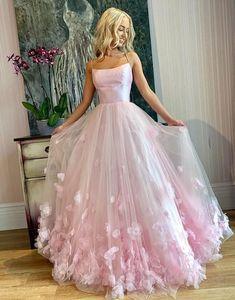 Pink tulle 3d applique long prom dress, pink tulle evening dress CD7234