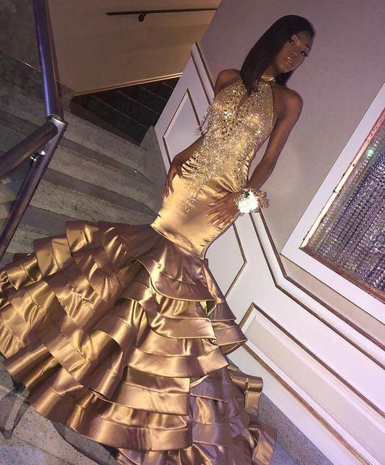 Plus Size Prom Dresses, Sexy Tiered Gold Mermaid Tiered Backless African American Black Long Prom Dresses CD7238