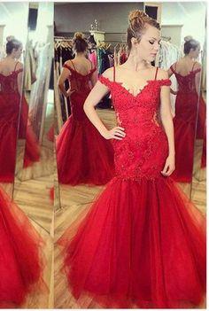 2024 Gorgeous Red Appliques Floor-Length/Long Mermaid/Trumpet Tulle Prom Dresses CD7257