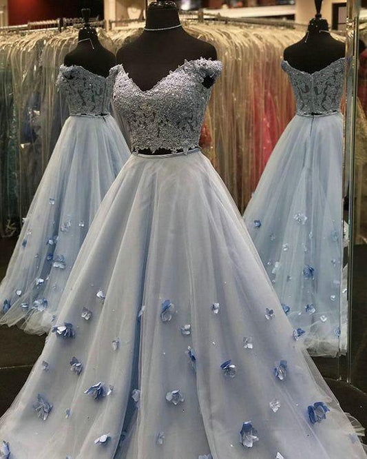 Lace and Tulle Two Piece Prom Dresses, Light Sky Blue CD7296