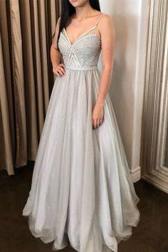 Sparkle Silver Tulle Long Prom Dress with Straps CD7336