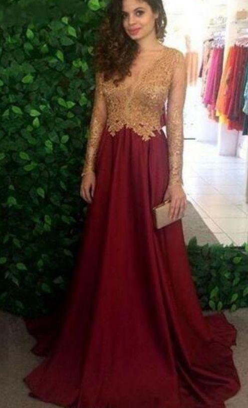 Burgundy Sheer Long Sleeves Prom Dresses Long Sleeves Lace Appliques Top Long Evening Gowns CD7393