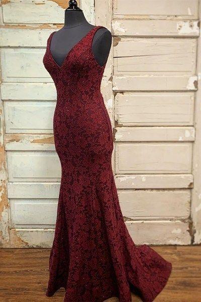 Mermaid Burgundy Lace Long Formal prom Gown CD7402
