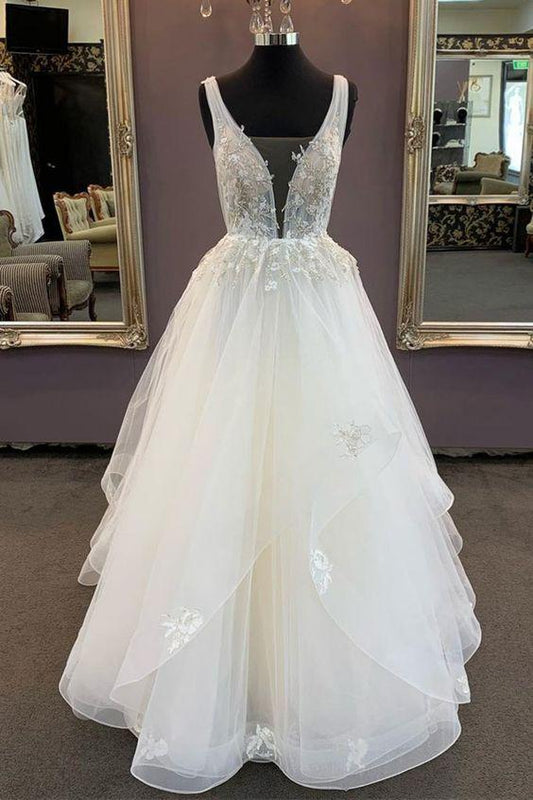White Tulle V Neck Long Lace Formal Prom Dress CD7455