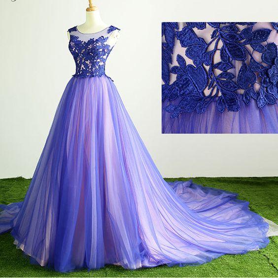 Blue Tulle Round Neck Lace Top Long Evening Dress, Unique Prom Dresses CD7464