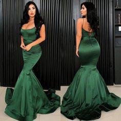 Sexy Mermaid Emerald Satin Lace Up Back Spaghetti Straps Long Prom Dresses CD7469