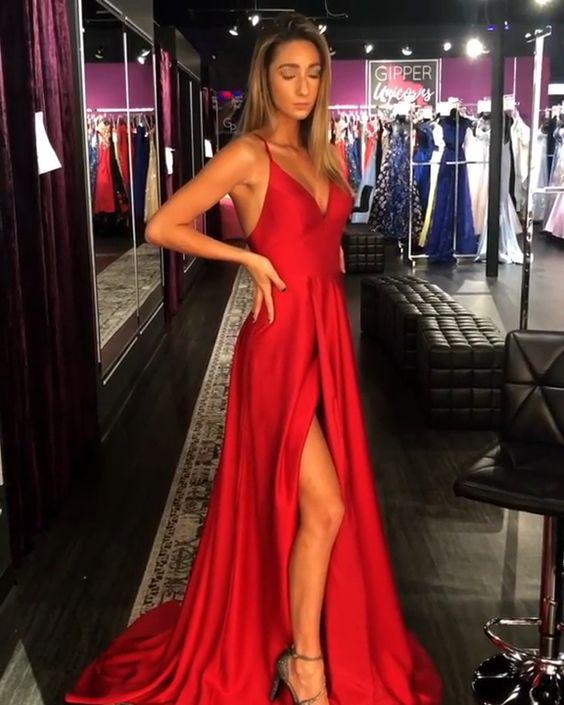 Cheap Long Prom Dresses Red, A-line V-neck Formal Evening Dresses with Slit CD7470