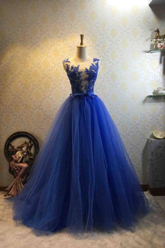 Royal blue tulle round neck see-through lace applique A-line prom dresses CD7511