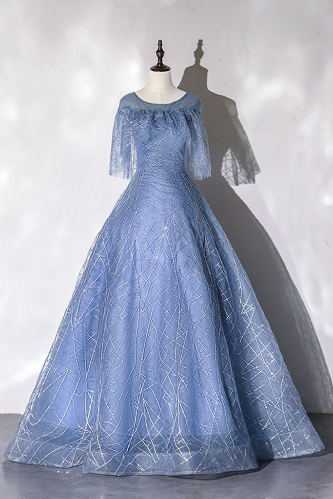 Blue Sequins Tulle Dress, Blue Round Neck A Line Customize Long Prom Dress CD7534