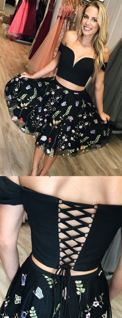 Black Two Piece Off Shoulder Embroidery Homecoming Dresses CD759