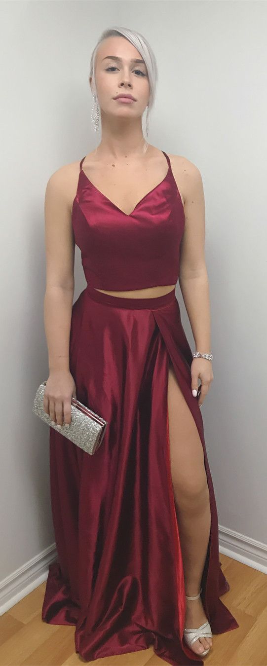 Sexy Straps Two Piece Wine Red Satin Long Prom Dress With Side Slit CD7593
